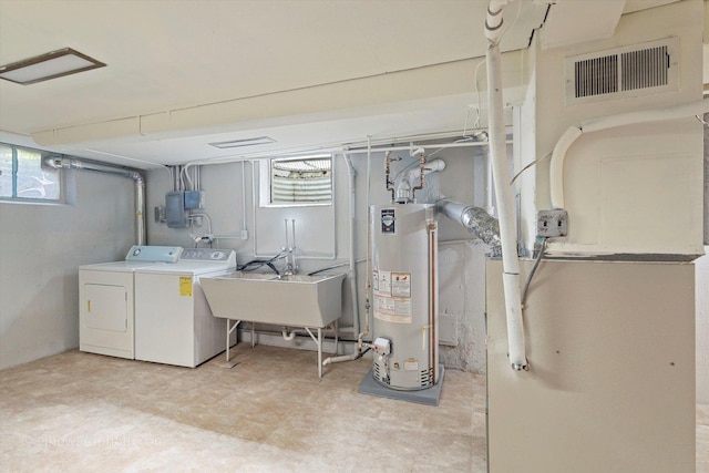 5049 Birchwood Ave, Skokie, IL 60077 - basement featuring gas water heater, washing machine and clothes dryer, a sink, and light floors