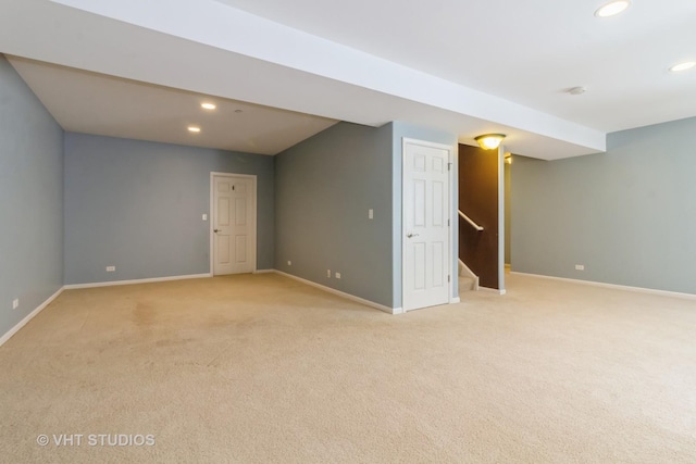 19 Tall Grass Ct, Streamwood, IL 60107 - finished basement featuring baseboards, light colored carpet, recessed lighting, and stairs