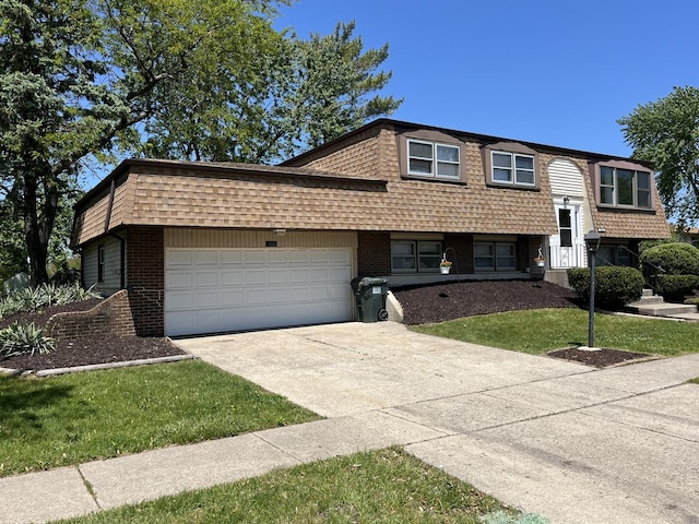20084 Brook Ave, Lynwood, IL 60411 - bi-level home featuring a garage, driveway, brick siding, mansard roof, and a front yard