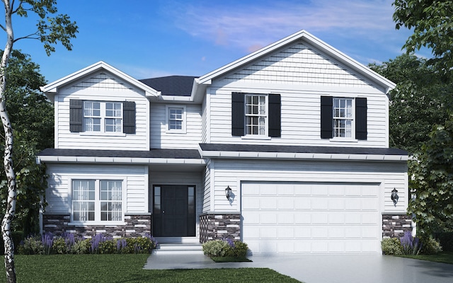 craftsman house with an attached garage, stone siding, concrete driveway, and a front lawn