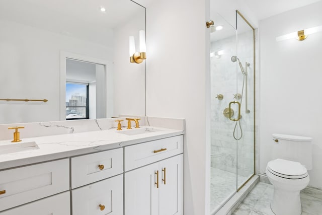 1030 N State St Unit 42L, Chicago, IL 60610 - full bath featuring marble look tiles, toilet, a stall shower, and double vanity