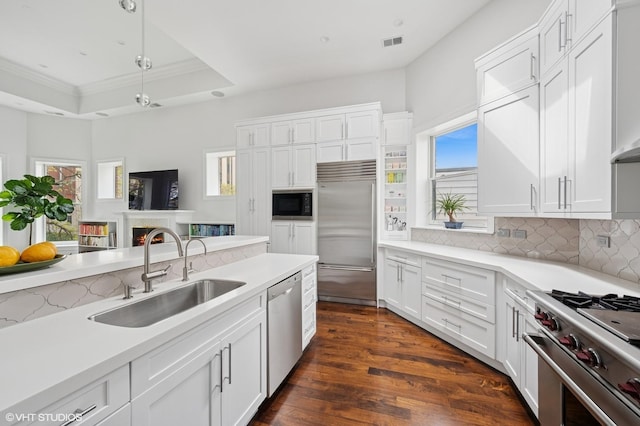 kitchen featuring built in appliances, a sink, light countertops, white cabinets, and a tray ceiling