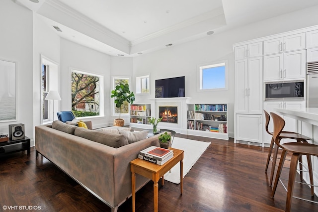 living room with a warm lit fireplace, a raised ceiling, dark wood-type flooring, and ornamental molding