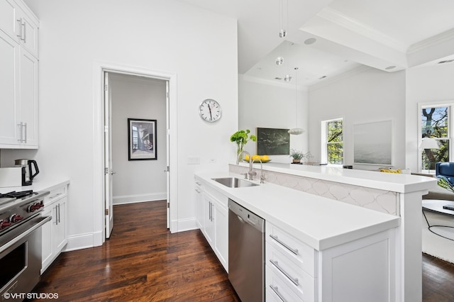 kitchen with stainless steel appliances, a peninsula, a sink, dark wood-style floors, and ornamental molding