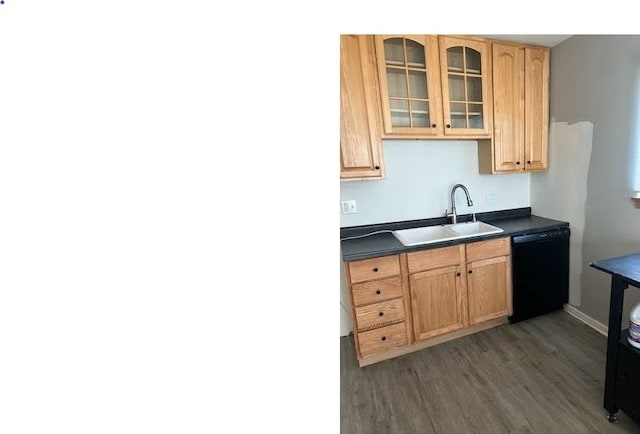 kitchen with a sink, dishwasher, dark countertops, dark wood-type flooring, and glass insert cabinets
