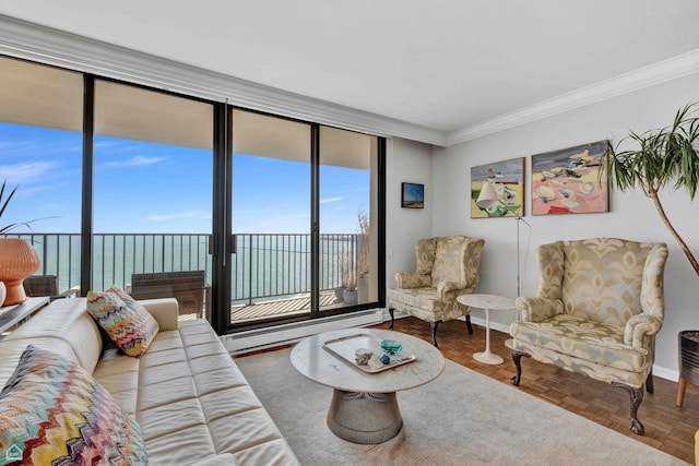 living room with a baseboard radiator, ornamental molding, a wall of windows, baseboards, and a water view