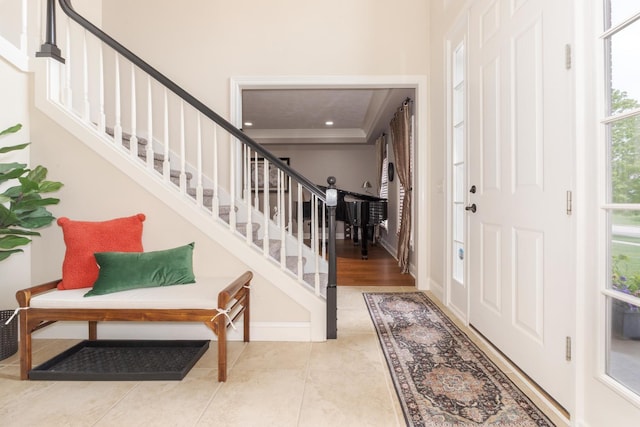6 Conway Cir, Bloomington, IL 61704 - tiled foyer entrance featuring stairs and baseboards