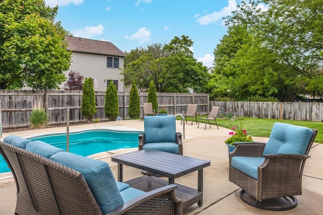 6 Conway Cir, Bloomington, IL 61704 - view of swimming pool featuring a patio, a fenced backyard, and an outdoor living space