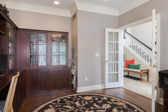 6 Conway Cir, Bloomington, IL 61704 - entrance foyer with dark wood-style floors, french doors, crown molding, stairway, and baseboards
