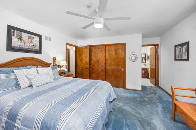 1723 Columbine Dr, Schaumburg, IL 60173 - carpeted bedroom with a closet, baseboards, ceiling fan, and connected bathroom