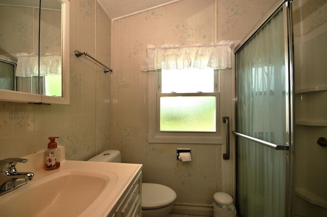2876 S Scott St, Des Plaines, IL 60018 - full bath with toilet, a shower stall, vanity, and tile walls