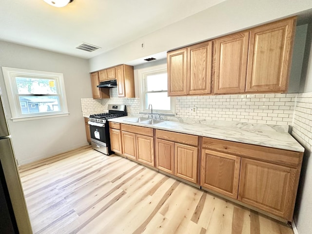 301 Illinois Ave, Elgin, IL 60120 - kitchen with gas stove, a sink, under cabinet range hood, light wood-style floors, and backsplash