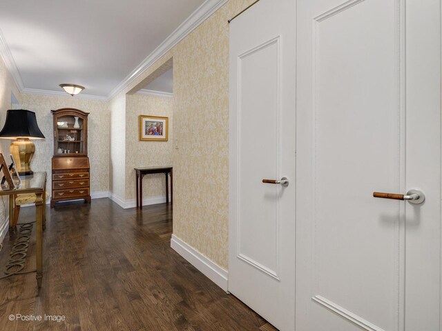 1212 N Lake Shore Dr Unit 12Cn, Chicago, IL 60610 - hall with crown molding, dark wood-style floors, wallpapered walls, and baseboards