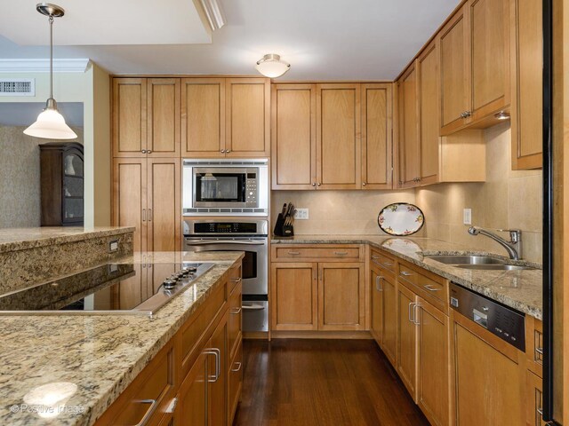 1212 N Lake Shore Dr Unit 12Cn, Chicago, IL 60610 - kitchen featuring stainless steel appliances, dark wood-style flooring, light stone counters, hanging light fixtures, and a sink