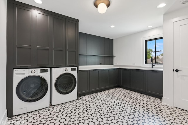 613 S Chatham Ave, Elmhurst, IL 60126 - laundry area featuring cabinet space, washer and dryer, light flooring, and recessed lighting