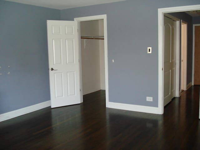 unfurnished bedroom with baseboards, wood finished floors, and a closet
