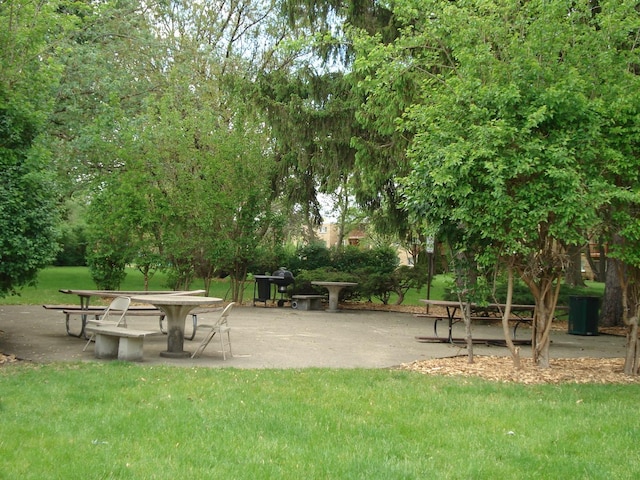 view of property's community featuring a yard and a patio