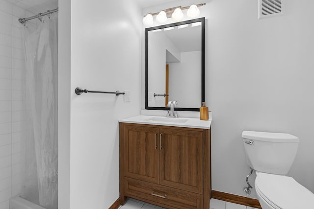 7260 W Fitch Ave, Chicago, IL 60631 - bathroom featuring toilet, vanity, baseboards, tile patterned flooring, and shower / bath combination with curtain