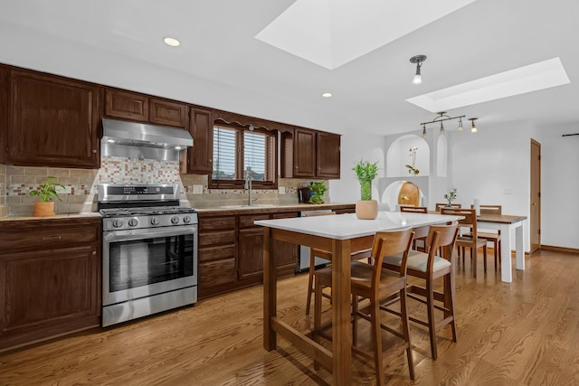 7260 W Fitch Ave, Chicago, IL 60631 - kitchen with stainless steel appliances, range hood, a skylight, light wood-style floors, and recessed lighting