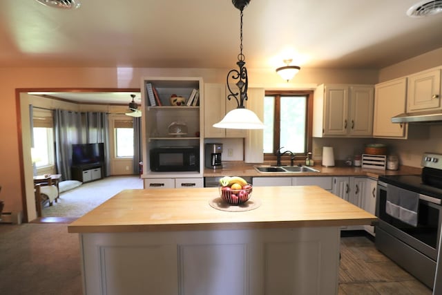 245 N Linn St, Princeton, IL 61356 - kitchen featuring stainless steel electric range oven, a sink, butcher block countertops, black microwave, and under cabinet range hood
