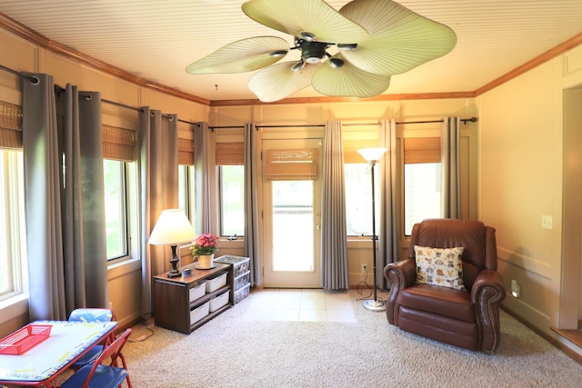 245 N Linn St, Princeton, IL 61356 - sitting room featuring ornamental molding, light carpet, and a ceiling fan