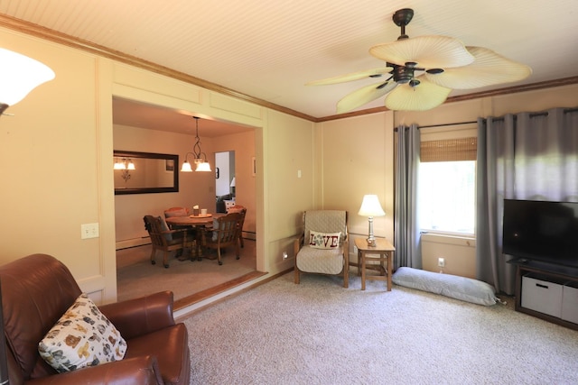 245 N Linn St, Princeton, IL 61356 - carpeted living area featuring baseboard heating, ornamental molding, and ceiling fan