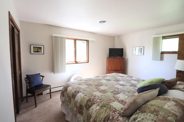 245 N Linn St, Princeton, IL 61356 - bedroom featuring multiple windows, carpet flooring, a closet, and a baseboard radiator