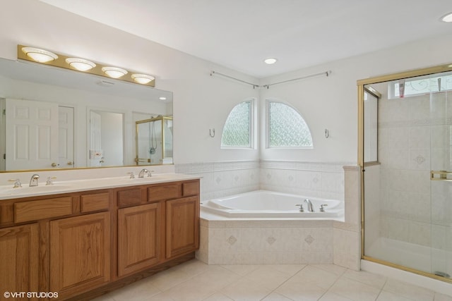 1048 N Palos Ave, Palatine, IL 60067 - bathroom featuring tile patterned flooring, a bath, a stall shower, double vanity, and recessed lighting