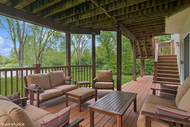 1048 N Palos Ave, Palatine, IL 60067 - wooden terrace featuring stairs, an outdoor hangout area, a lawn, and view of wooded area