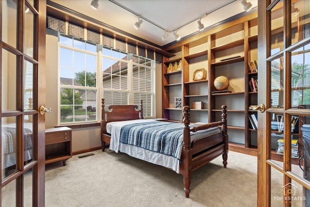1748 Pinnacle Dr, Aurora, IL 60502 - carpeted bedroom featuring track lighting, french doors, and baseboards