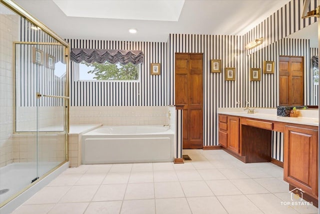 1748 Pinnacle Dr, Aurora, IL 60502 - bathroom featuring a bath, vanity, a shower stall, and tile patterned flooring
