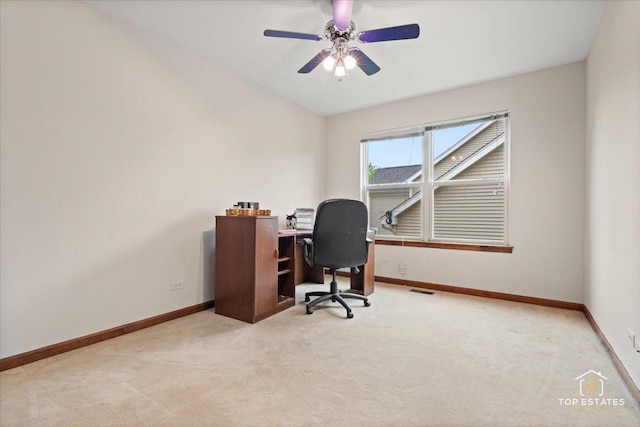 1748 Pinnacle Dr, Aurora, IL 60502 - carpeted office space with baseboards, ceiling fan, and vaulted ceiling
