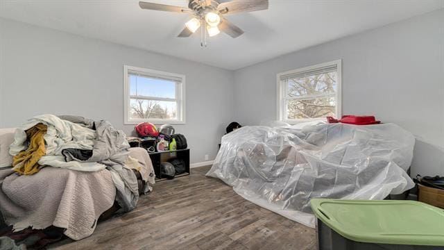 801 Adams St, Oregon, IL 61061 - bedroom featuring multiple windows, wood finished floors, a ceiling fan, and baseboards