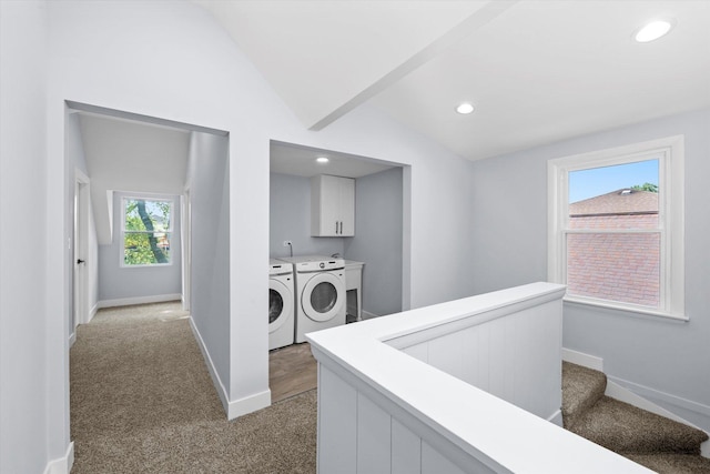 washroom featuring washer and clothes dryer, cabinet space, light carpet, baseboards, and recessed lighting