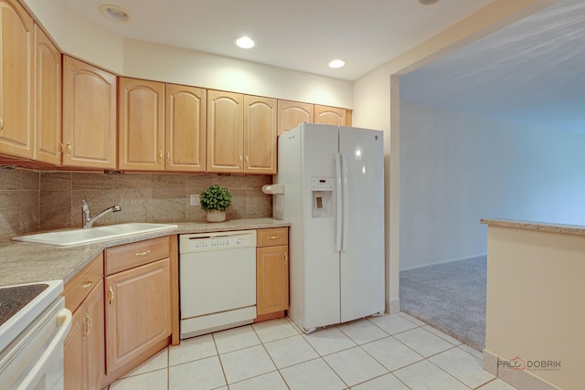 1088 Shermer Rd Unit 307, Northbrook, IL 60062 - kitchen featuring white appliances, light brown cabinetry, light carpet, a sink, and light countertops