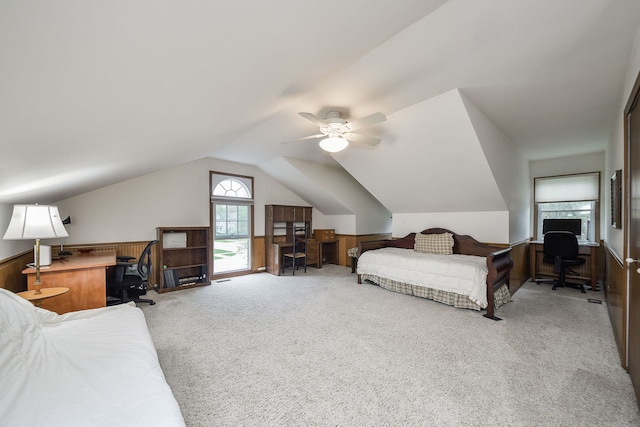 624 Joshua Ct, Naperville, IL 60540 - carpeted bedroom featuring an office area, vaulted ceiling, a ceiling fan, and a wainscoted wall