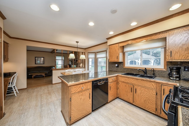 624 Joshua Ct, Naperville, IL 60540 - kitchen with tile counters, black appliances, a peninsula, ornamental molding, and light wood-style floors