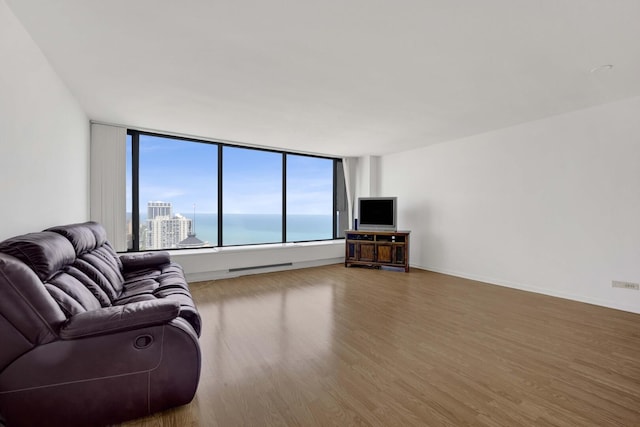5455 N Sheridan Rd Unit 3611, Chicago, IL 60640 - living room with wood finished floors, a baseboard heating unit, and baseboards