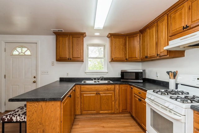 kitchen with white gas range oven, stainless steel microwave, a sink, a peninsula, and under cabinet range hood