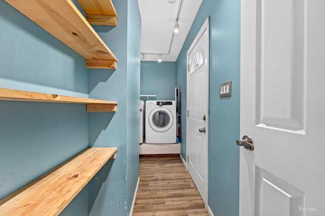440 Berkshire Ave, Romeoville, IL 60446 - laundry room with washer / clothes dryer, wood finished floors, rail lighting, and attic access