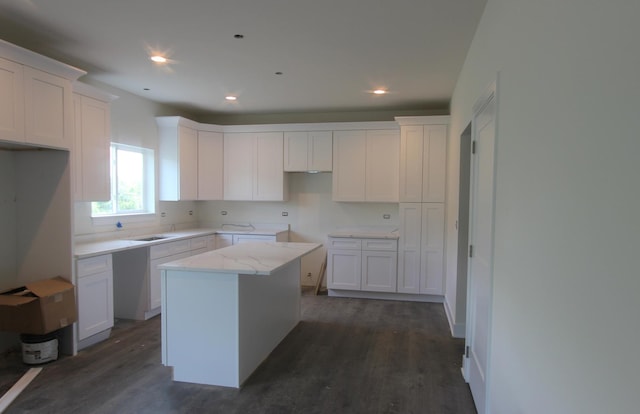 735 Fox Trail Ter, Cary, IL 60013 - kitchen with dark wood finished floors, a center island, white cabinets, recessed lighting, and light stone counters