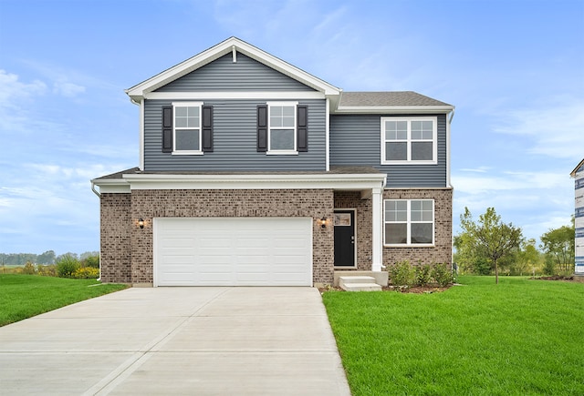 view of front of property featuring driveway, a front lawn, brick siding, a garage, and roof with shingles