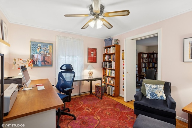 5530 Theobald Rd, Morton Grove, IL 60053 - office area with ceiling fan, wood finished floors, and ornamental molding