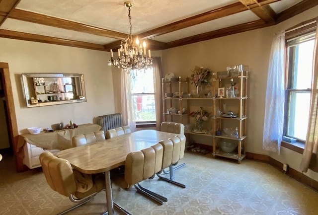 4943 W Monroe St, Chicago, IL 60644 - dining area featuring a chandelier, beamed ceiling, and baseboards