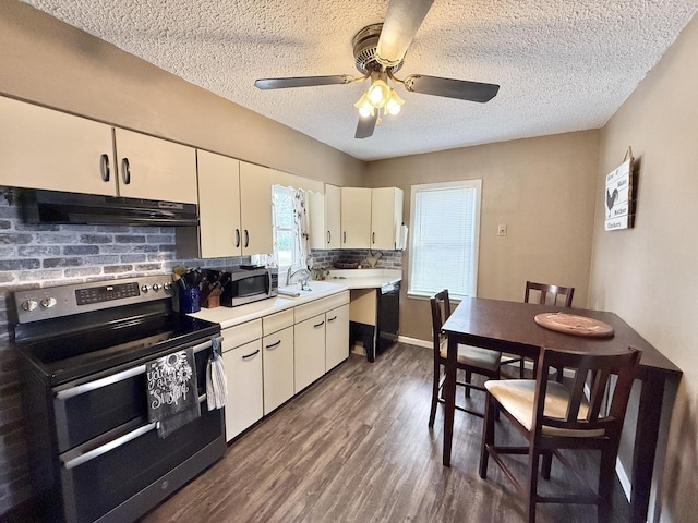 1010 Brentwood Rd, Machesney Park, IL 61115 - kitchen with stainless steel appliances, under cabinet range hood, light countertops, a ceiling fan, and tasteful backsplash