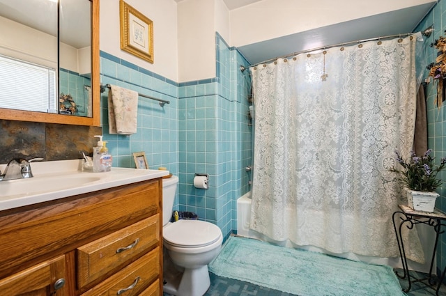 6504 N Artesian Ave, Chicago, IL 60645 - full bathroom with tile walls, toilet, shower / bathtub combination with curtain, and vanity