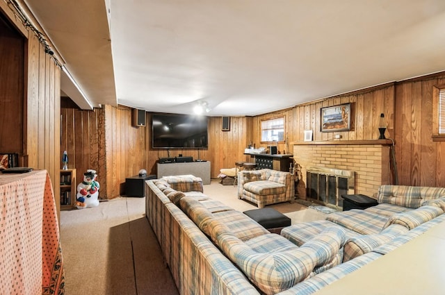 6504 N Artesian Ave, Chicago, IL 60645 - living area featuring carpet floors, wood walls, and a brick fireplace