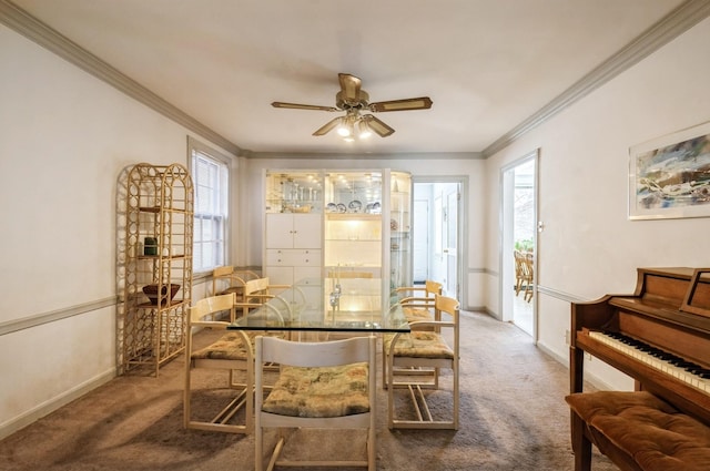 6504 N Artesian Ave, Chicago, IL 60645 - carpeted dining room with ornamental molding, a ceiling fan, and baseboards