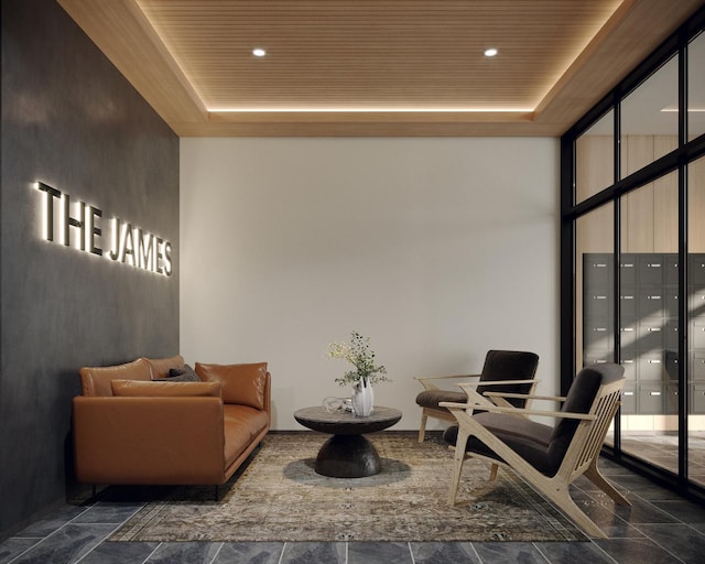 community lobby with wooden ceiling and recessed lighting