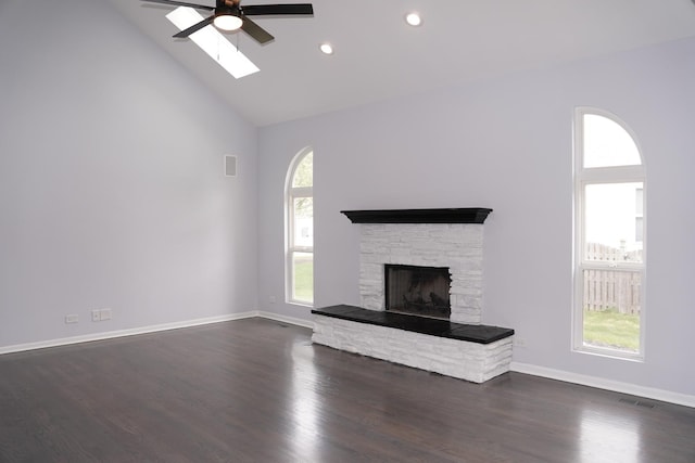 13636 Savanna Dr, Plainfield, IL 60544 - unfurnished living room featuring a ceiling fan, high vaulted ceiling, a fireplace, dark wood-style floors, and recessed lighting